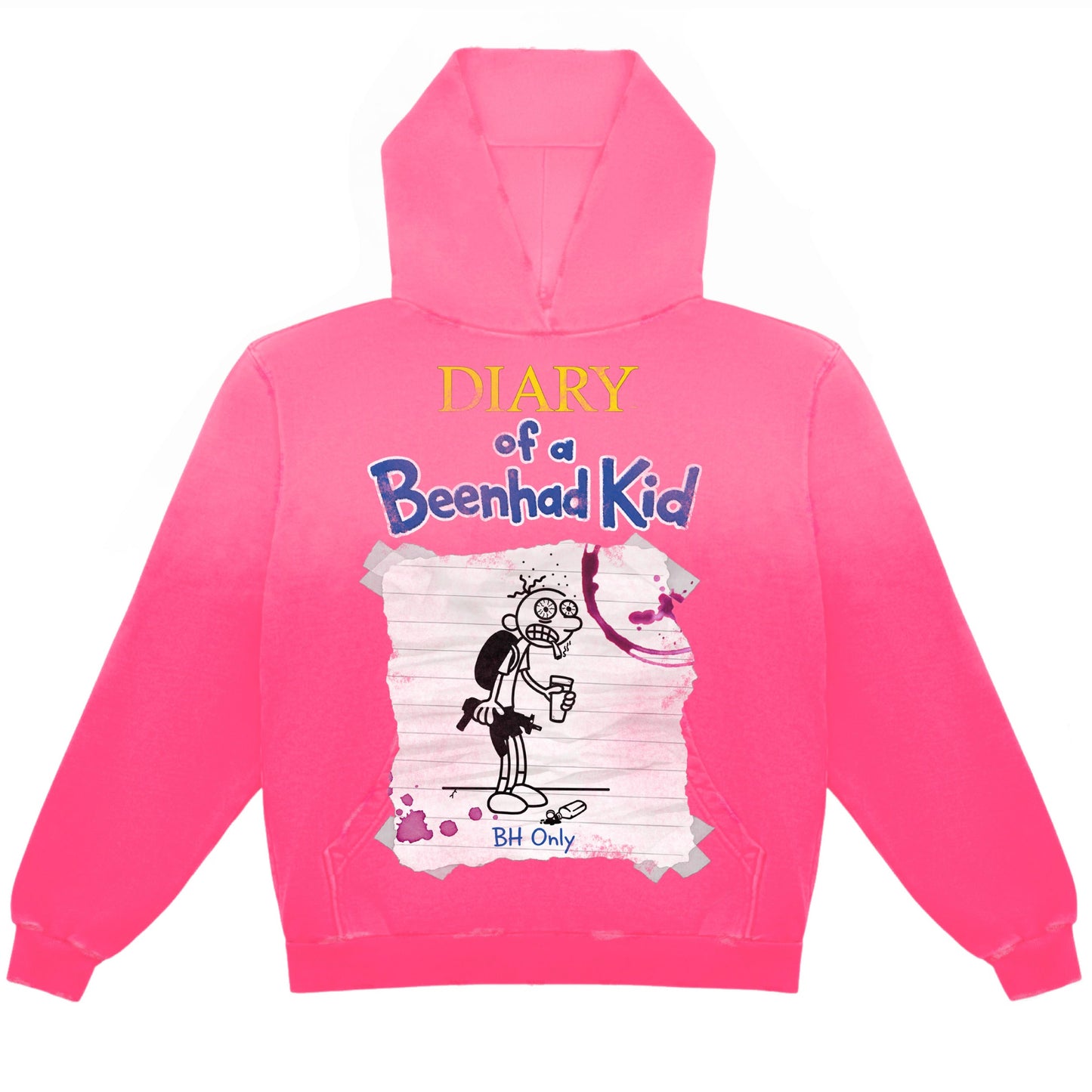 (1 OF 1) “DIARY OF A BEENHAD KID” PINK SUN FADED DISTRESSED HOODIE